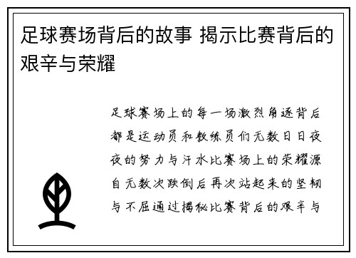 足球赛场背后的故事 揭示比赛背后的艰辛与荣耀