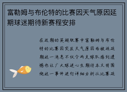 富勒姆与布伦特的比赛因天气原因延期球迷期待新赛程安排