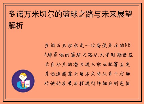 多诺万米切尔的篮球之路与未来展望解析