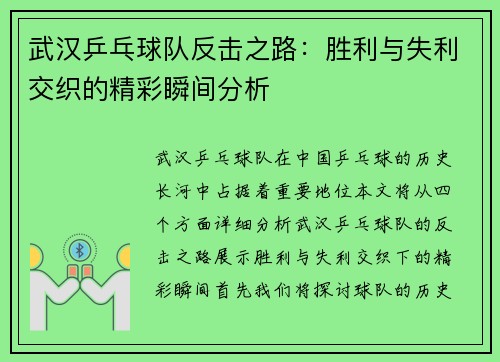 武汉乒乓球队反击之路：胜利与失利交织的精彩瞬间分析