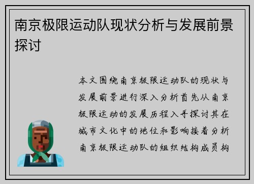 南京极限运动队现状分析与发展前景探讨